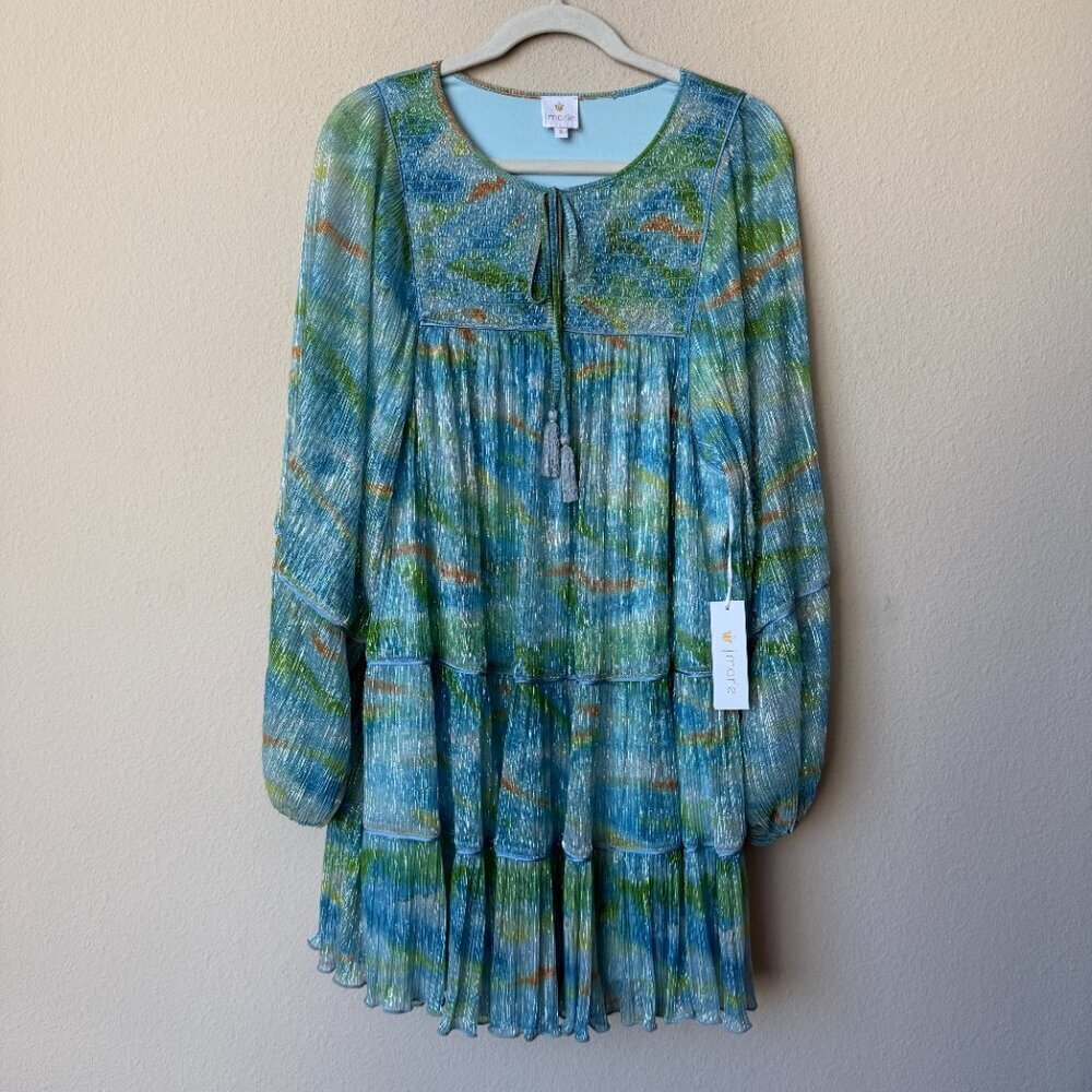 NWT J.Marie Blue Green Metallic Abstract Tiered Mini Dress Size S - Picture 2 of 5
